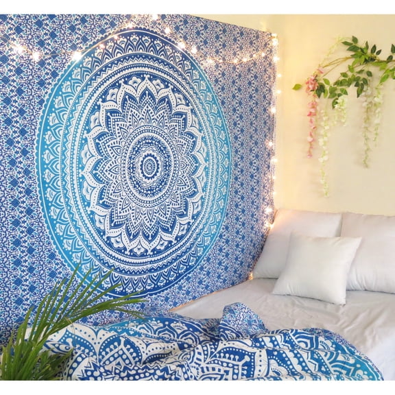 Wall Hanging Bohemian Tapestry, Metallic Wall Art Bedspread, Psychedelic Hippie Mandala Dorm Décor for Hanging, Bedding, Beach Coverlet Curtain, Blue, 30"X40"
