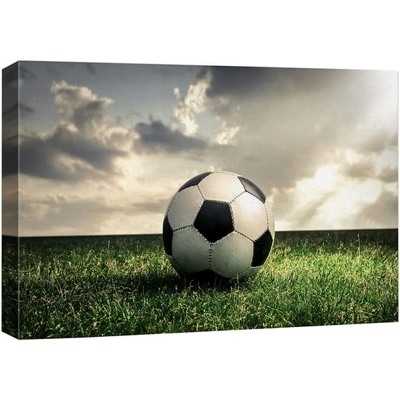 wall26 Canvas Print Wall Art Sunlight Cloudy Sky Soccer Ball Green Field Sports & Fitness Athletes Photography Realism Boy's Bedroom Decorative Urban Rustic for Living Room, Bedroom, Office - 16&