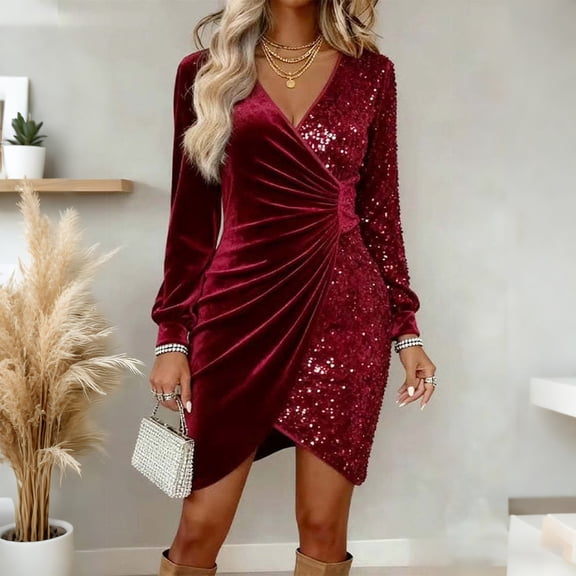 ClodeEU Womens Long Sleeve Velvet with Sequin Sexy Ruched Bodycon Dress,Wrap V Neck Cocktail Party Dress Wine,Womens Plus S