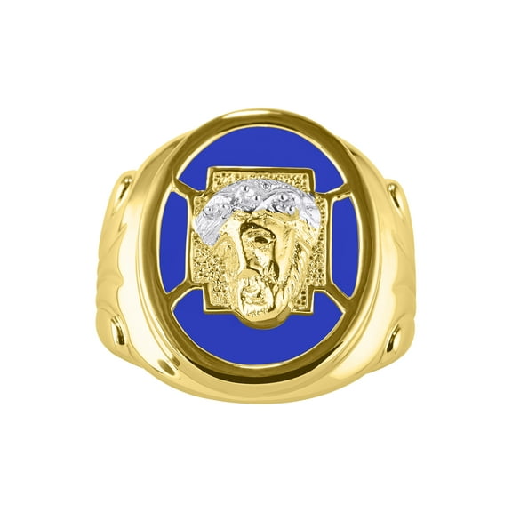 RYLOS Men's Rings Yellow Gold Plated Silver Christ Head Religious Ring With Diamonds and Blue Quartz Designer Men's Jewelry Size 8