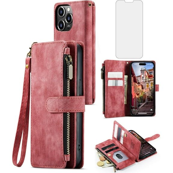 Asuwish Compatible with iPhone 15 Pro Max 6.7 inch Wallet Phone Case and Tempered Glass Screen Protector Faux Leather Flip Card Holder Zipper Cell Cover for i Phone15 15Pro i15 ProMax 15ProMax Red