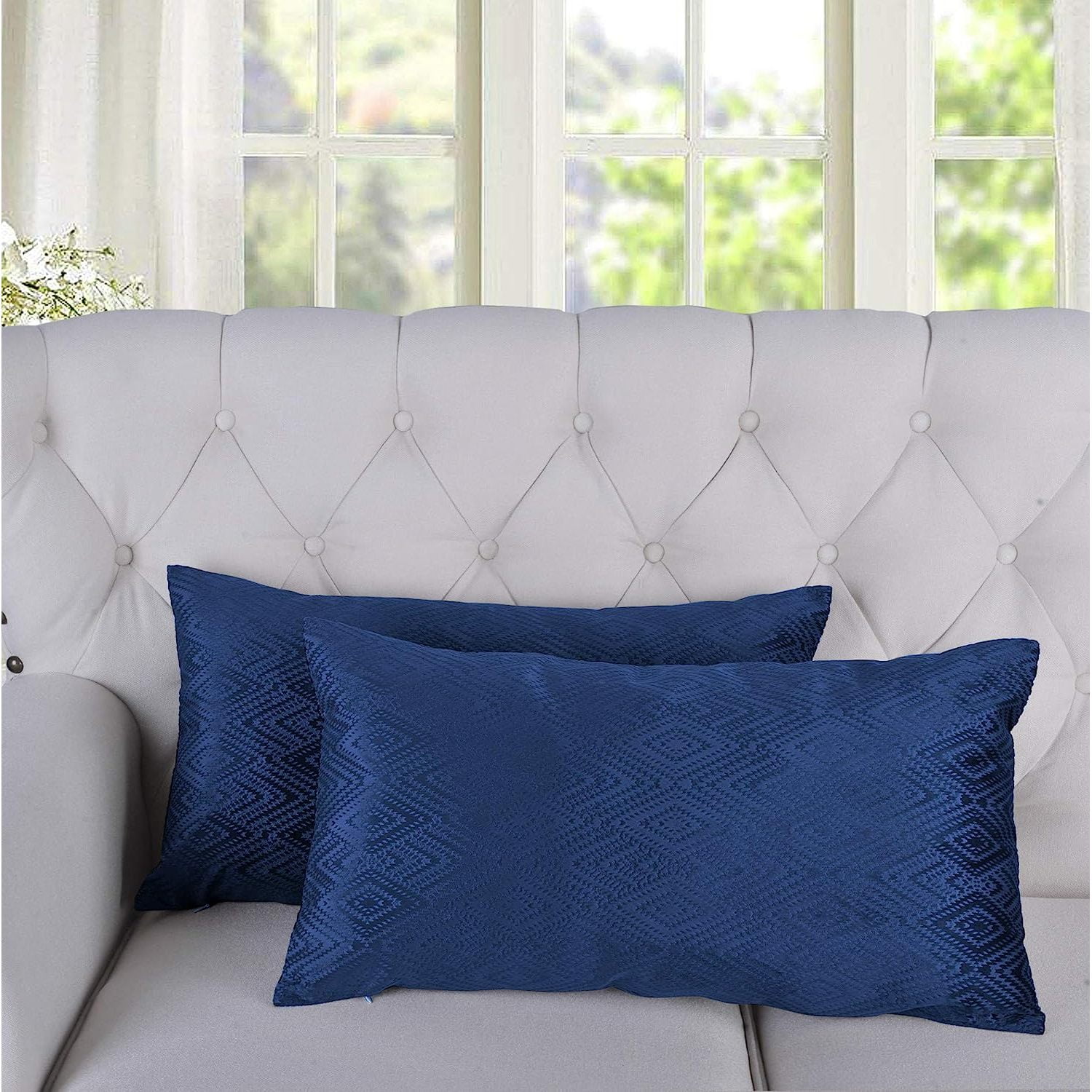 Ikat Velvet Throw Pillow Covers 2 Pieces, 14'' x 26'', Blue, Decorative