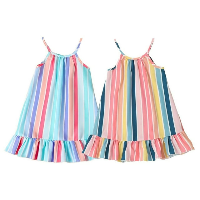 Robe Sans Manches pour Filles Tout-Petits Fête de Vacances Robe Rayée Danse Fête Princesse 2 Pcs