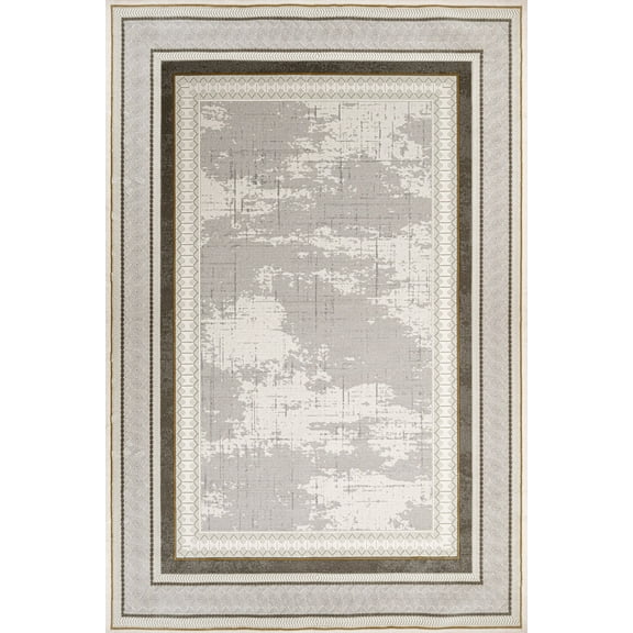 Cream Framed Area Rugs for Living Room Washable Rugs Boho Moroccan Area Rug Soft Neutral Geometric Bohemian Carpet Distressed Indoor Rug for Bedroom Dining Room Office Foldable Nonslip Rug