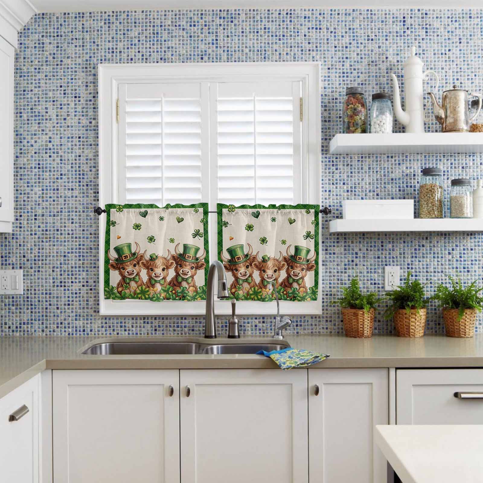 St. Patrick's Day Kitchen Curtains Valances and Tiers Set of 3 Watercolor Green Hat Cow Shamrock Love Linen Texture Tier Curtains and Valance Rod Pocket Valance Curtains Set s 36 Inch Length