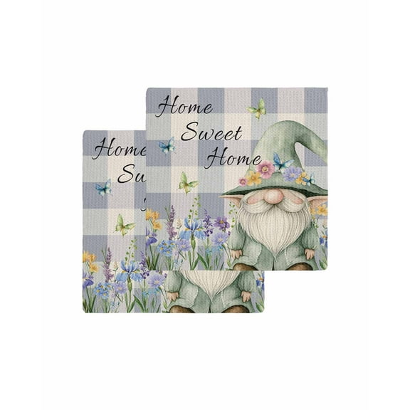 Rustic Gnome Kitchen Dish Towels for Drying Dishes Set of 2, Spring Flowers Butterfly Purple Check Waffle Weave Microfiber Terry Hand Tea Bathroom Towels Quick Dry & Absorbent Towel 12x12
