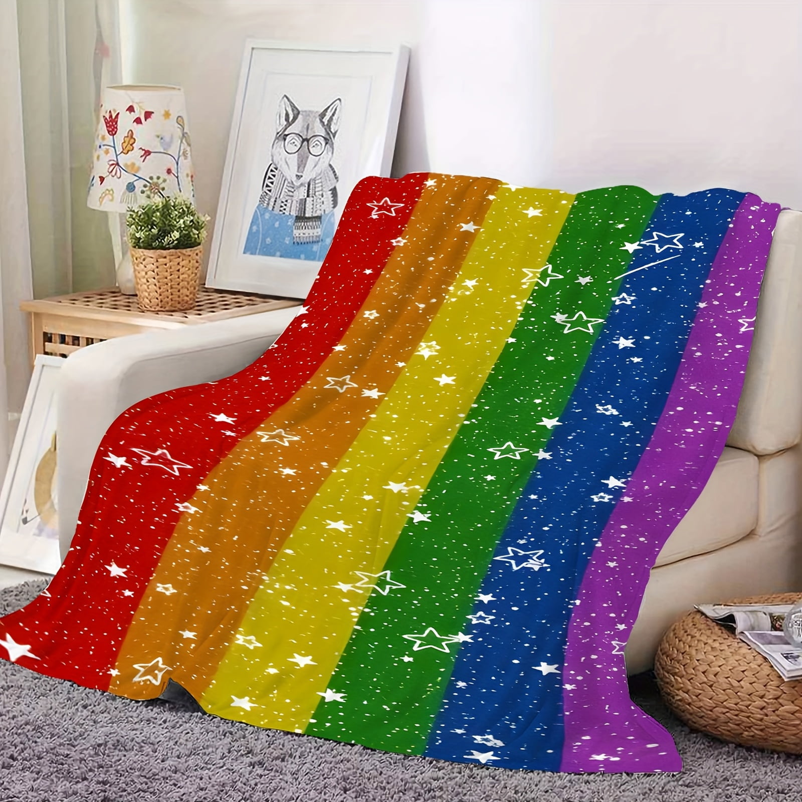 1pc Rainbow Pride Cozy Throw Blanket with Starry Night Design – Soft Polyester Knit, All-Season Comfort, Vibrant Rainbow Colors, Perfect for Home