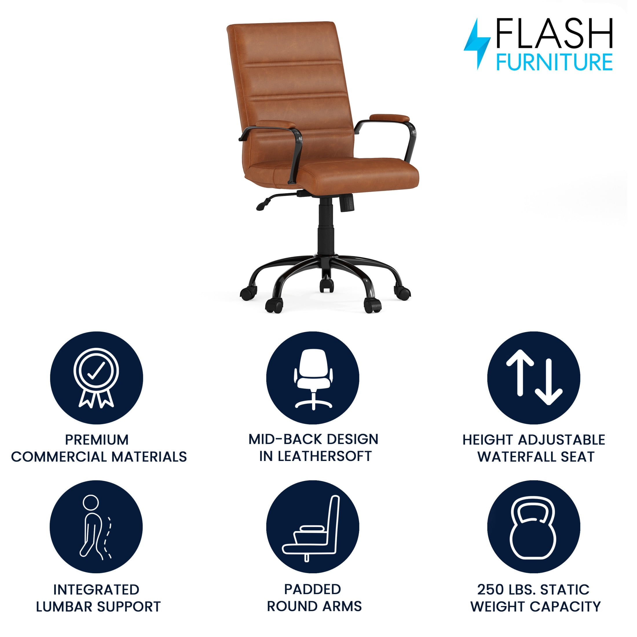Flash Furniture Whitney Mid-Back Swivel LeatherSoft Desk Chair with Armrests, Brown/Black