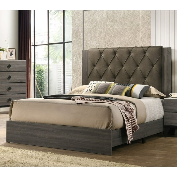 Eastern King Size Panel Bed Gray Oak Button Tufted Upholstered Headboard Contemporary Style Bedroom Furniture