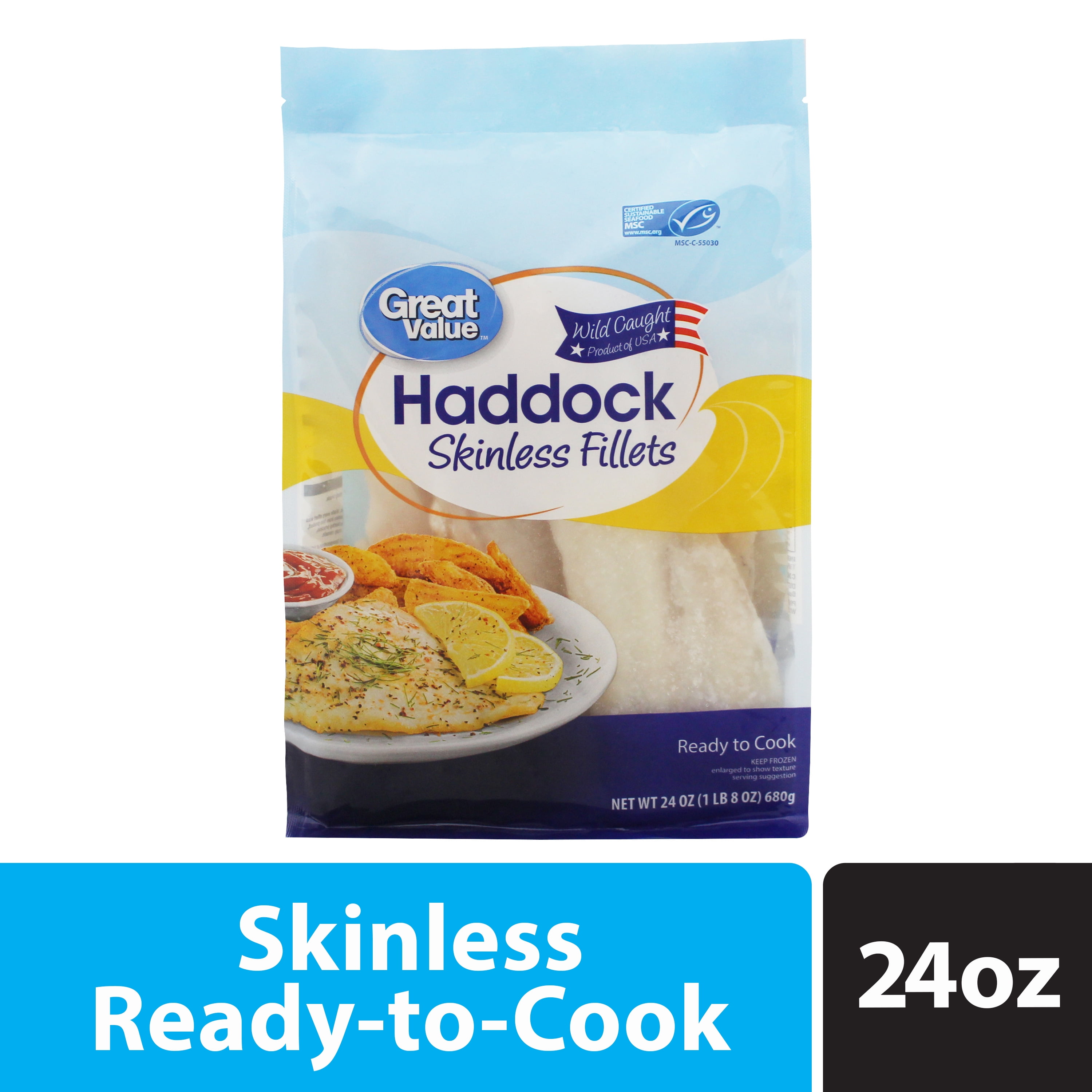 Great Value Frozen Wild Caught Skinless Haddock Fillets, 24 oz