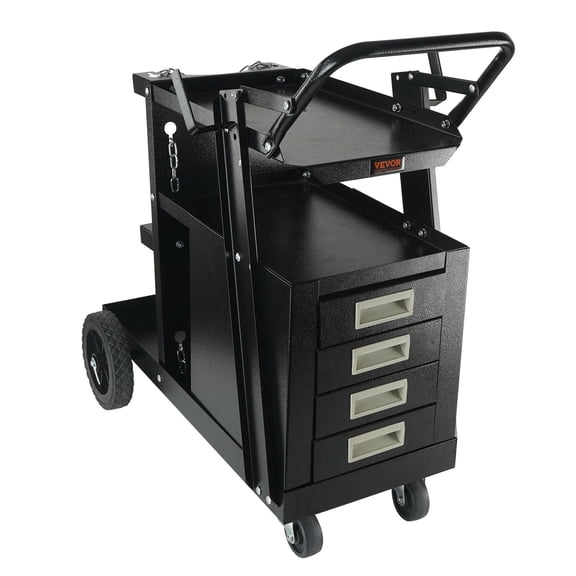 2-Tier Welding Cart with 4 Drawers, 265 LBS Capacity &360° Swivel Wheels – Heavy Duty MIG Welder & Plasma Cutter Cart, Safety Chains Included