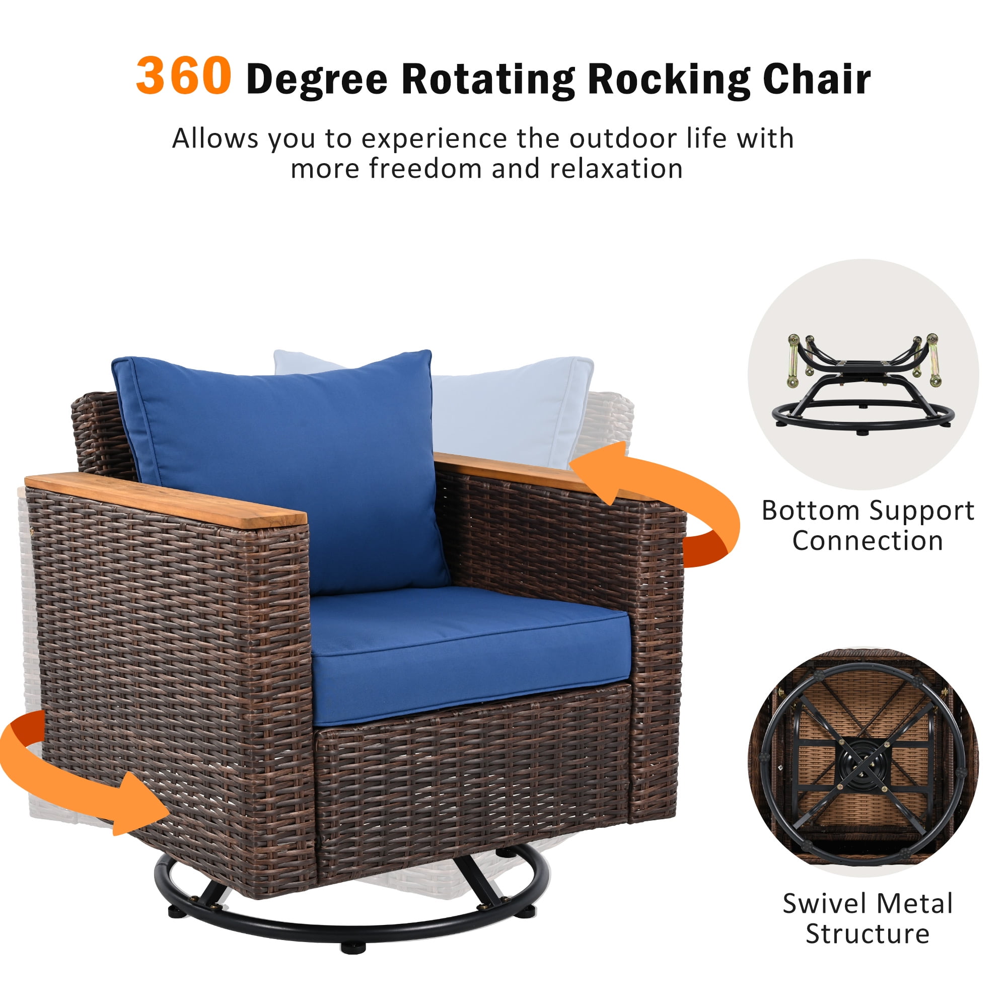8-PCS Outdoor Patio Furniture Set with Swivel Rocking Chairs, Wicker Sectional Sofa Set with 4" Thick Cushions & Acacia Storage Table, All-Weather Rattan Conversation Set for Backyard, Patio, Blue