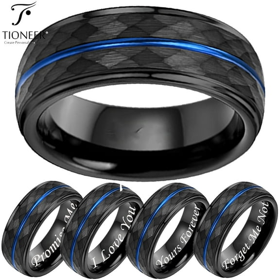 Tioneer Tungsten Carbide Black Hammered Top w/ Blue Groove Center Wedding Band Ring Mens Womens 8MM w/ FREE Engraving