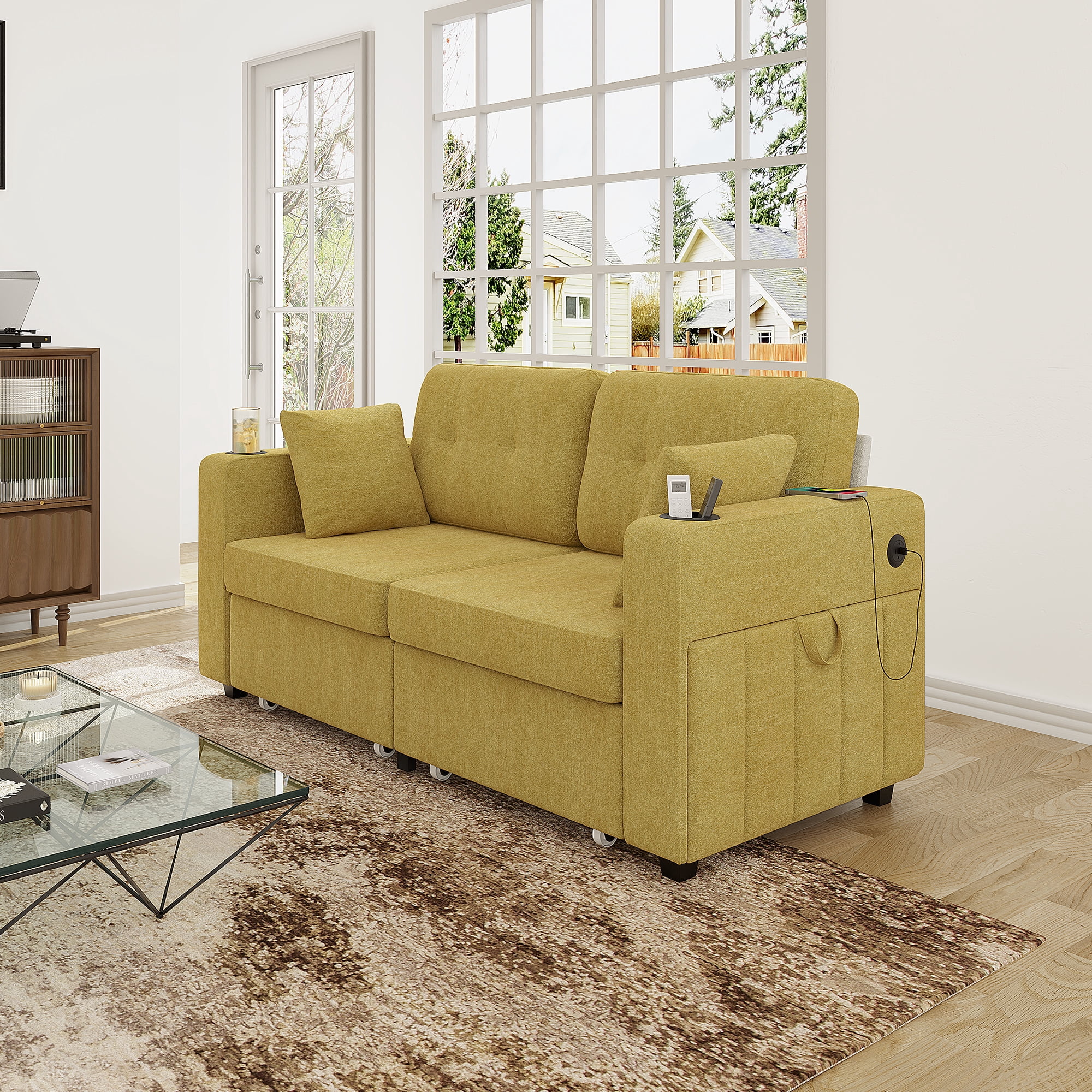 68" Chenille Two Seater Couch, Living Room Loveseat with Usb Charging, Upholstered Loveseat with Storage for Living Room, Mustard yellow