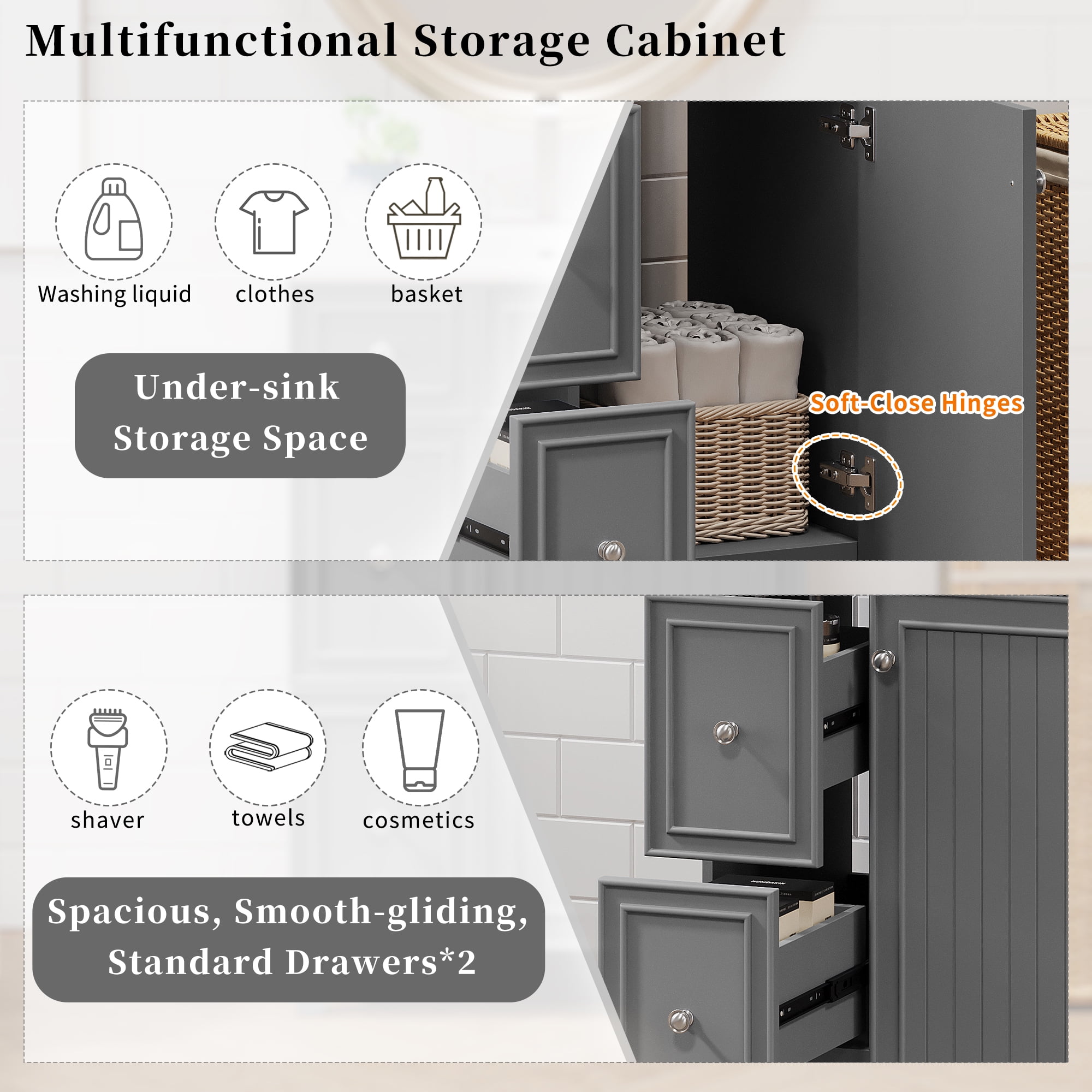 Harper & Bright Designs 24" Small Bathroom Vanity Sink Combo with 2 Drawers and Soft-Close Door, Gray