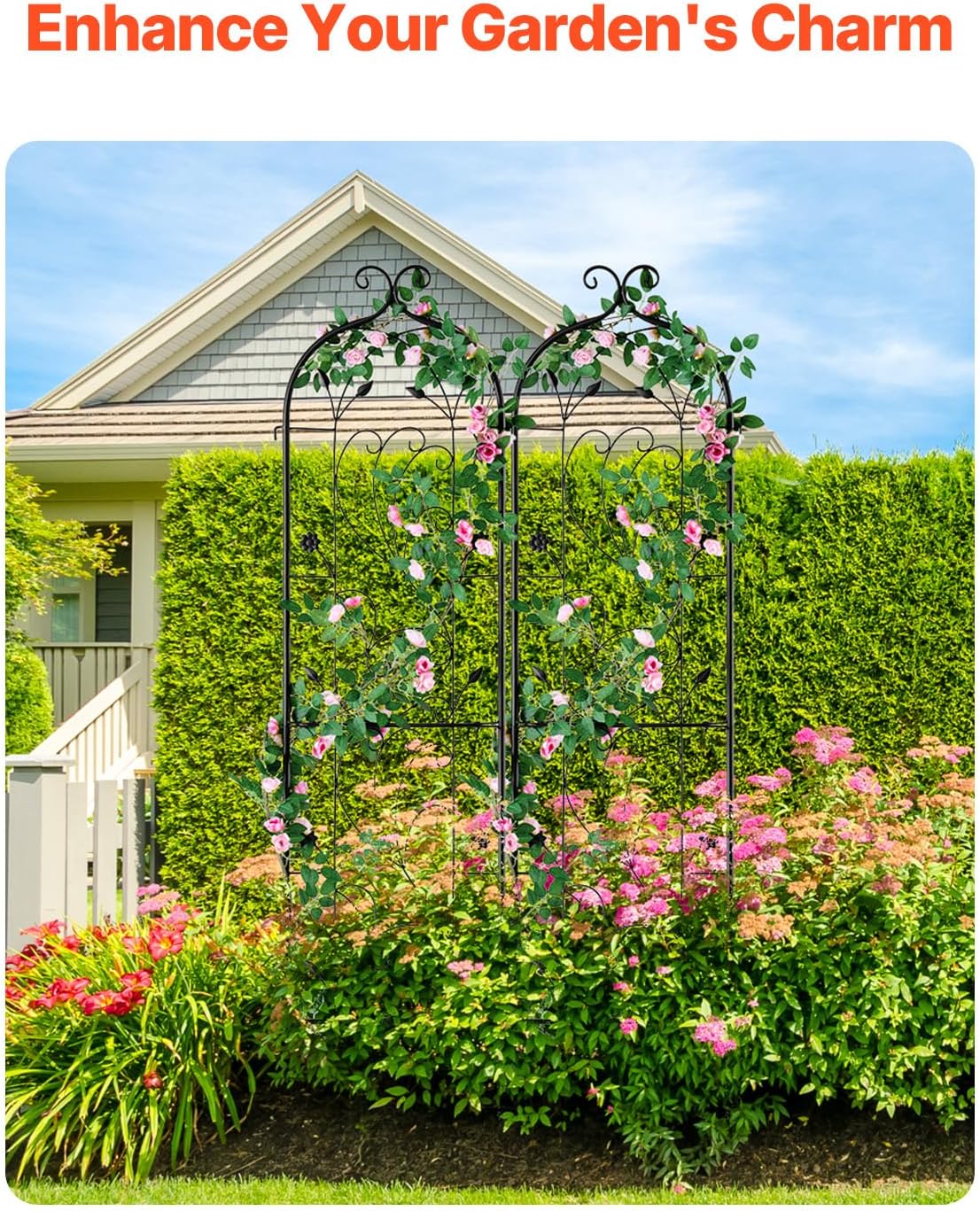 CHTER Garden Trellis for Climbing Plants, 60 x 15 in, 2 Packs Rustproof Metal Garden Flower Trellis, Outdoor Climbing Rose Trellis Cucumbers Support, Decorative Clematis Trellis for Courtyards Lawns