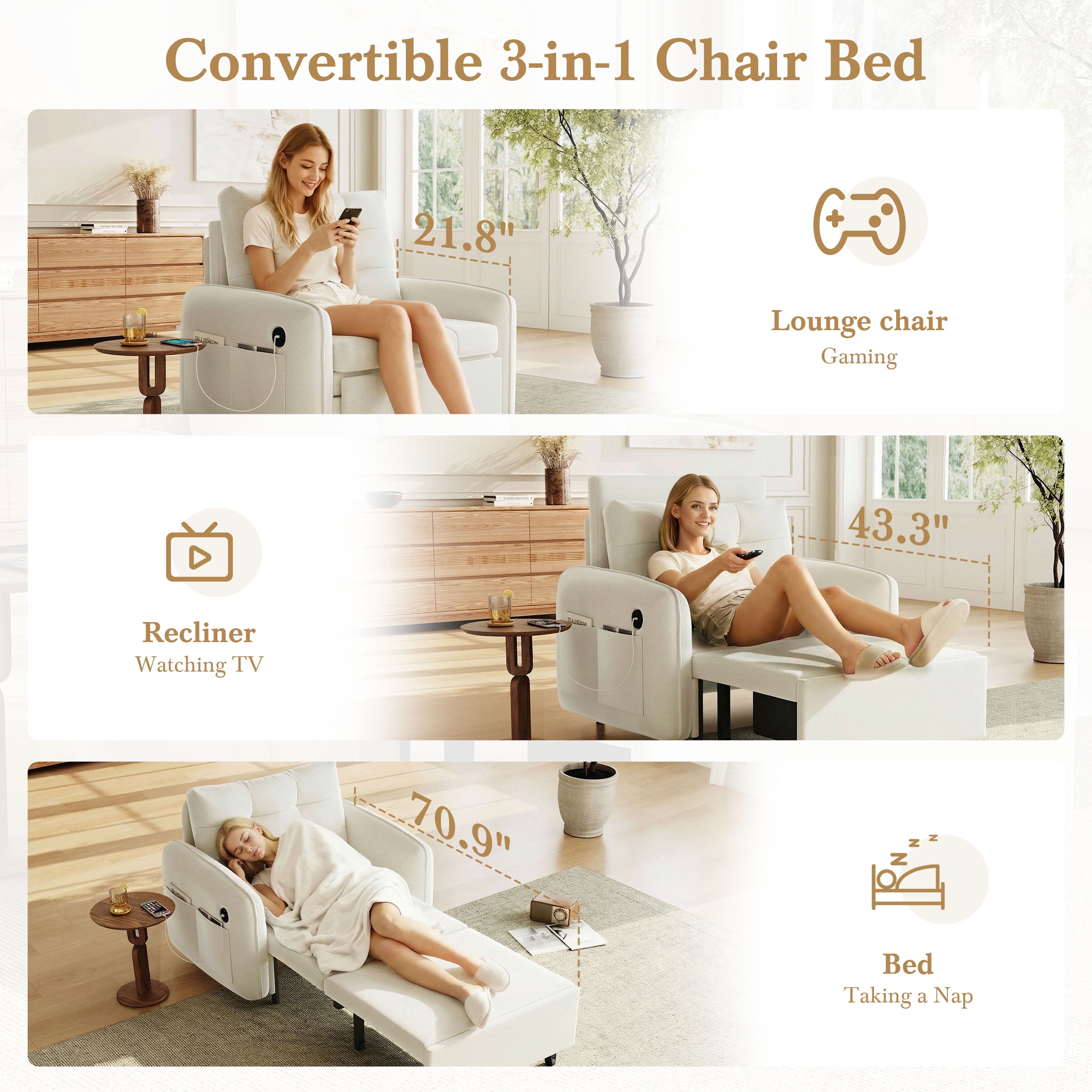 Sofa Bed, Sleeper Chair, 3-in-1 Convertible with Pull-Out Lounge, Storage Pockets and Hidden Box, Tufted Chenille Upholstery on Plywood Frame for Living Room & Apartment, 80 Inch, Beige