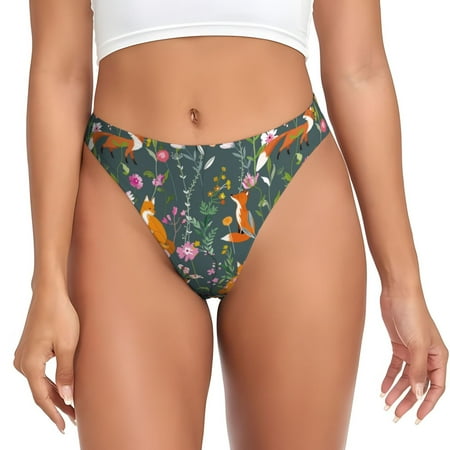 Qokaie Wolf Fox In Flower Forest Printed Women s Cotton Thong Underwear  Sexy Breathable Panties G-string-Medium