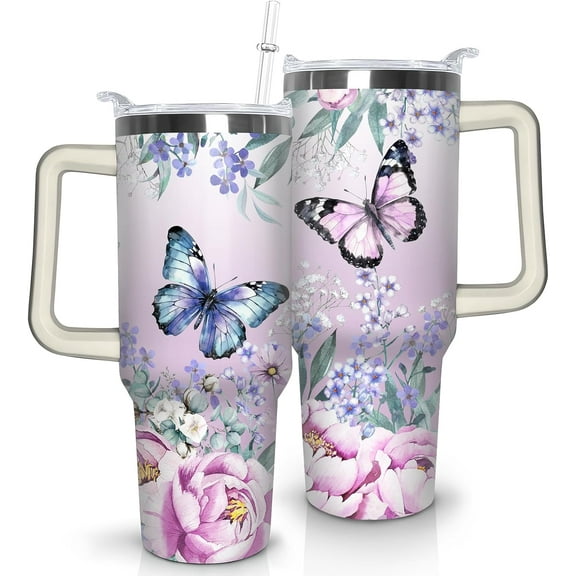 30oz Butterfly Stainless Steel Tumbler with Lid, Straw & Handle - Insulated Travel Mug & Water Bottle - Gift for Women