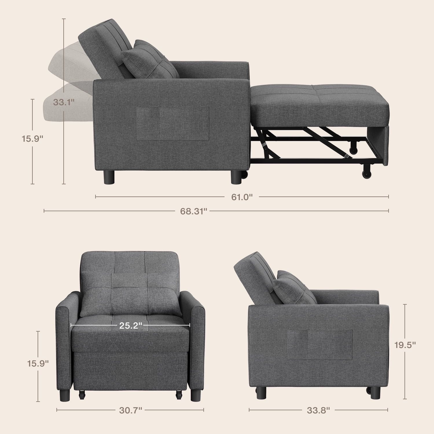 3-in-1 Convertible Sleeper Chair, Lightweight Foldable Sofa Bed for Small Spaces, Linen Upholstery, Dark Gray