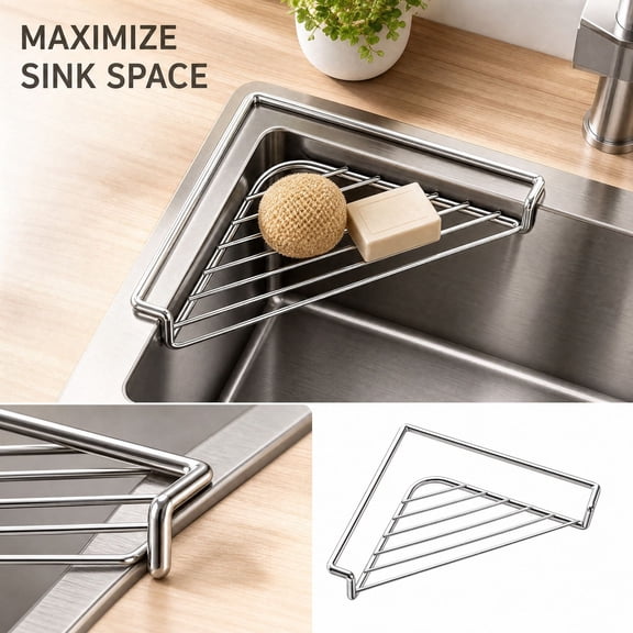 MInHoues Stainless Steel Sink Corner Storage Rack, Kitchen Sink Caddy Organizer for Sponges, Scrubbers, Cleaning Supplies, Countertop Sink Corner Holder