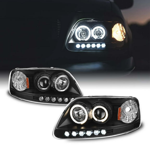 AKKON - For Ford F150 Expedition Pickup Black LED Ring 1 Piece Projector Replacement Headlights Pair