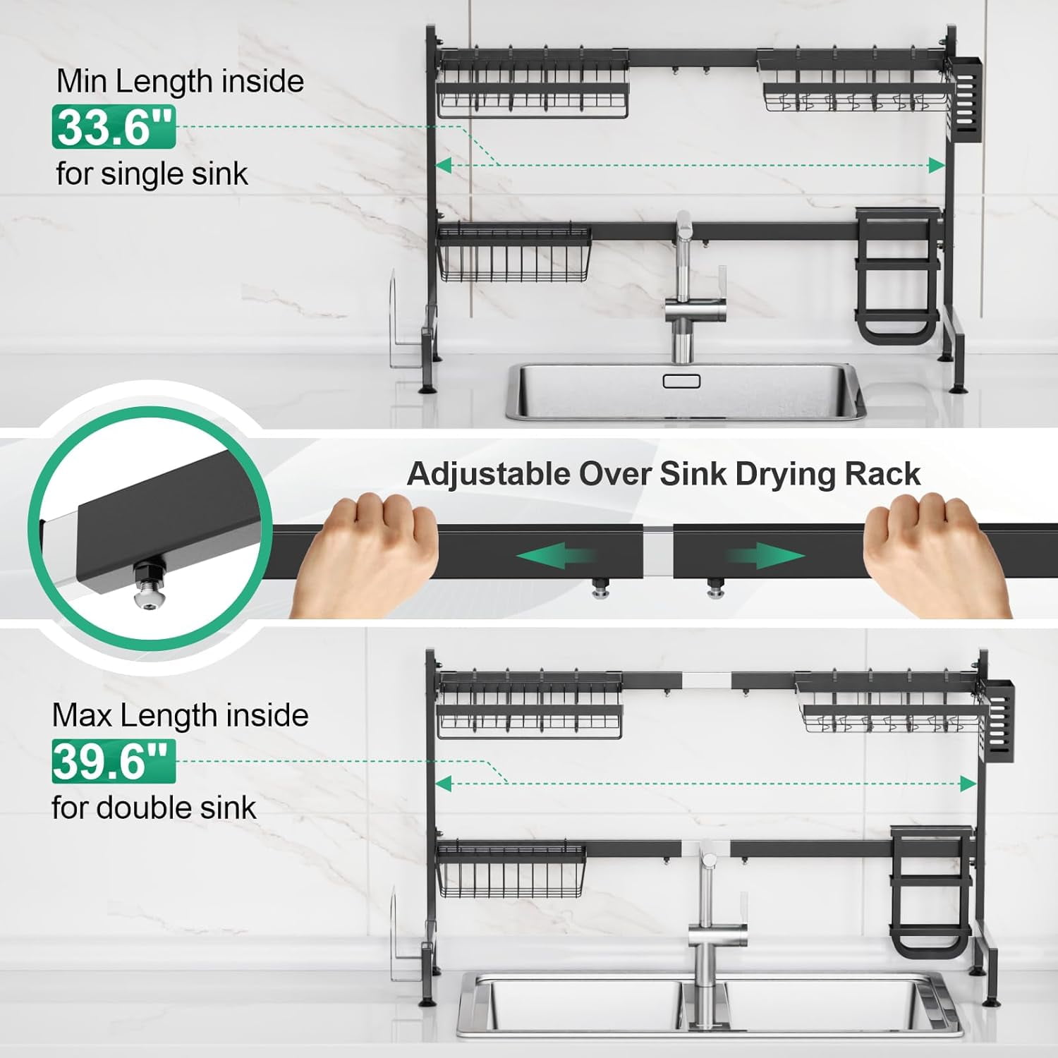 Over The Sink Dish Drainer Drying Rack - Adjustable Length (33.6"-39.6") Large Over Sink Dish Drying Rack with Cutting Board Holder, Utensil Sponge Holder, Kitchen Sink Shelf Organizer, Black