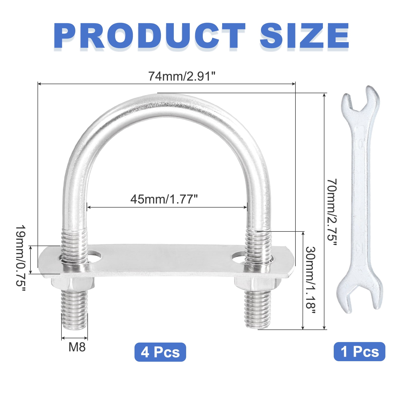 Uxcell 4Pcs M8 U-Bolts, Stainless Steel 1.77In(45mm) Inner Width 2.75In(70mm) Long
