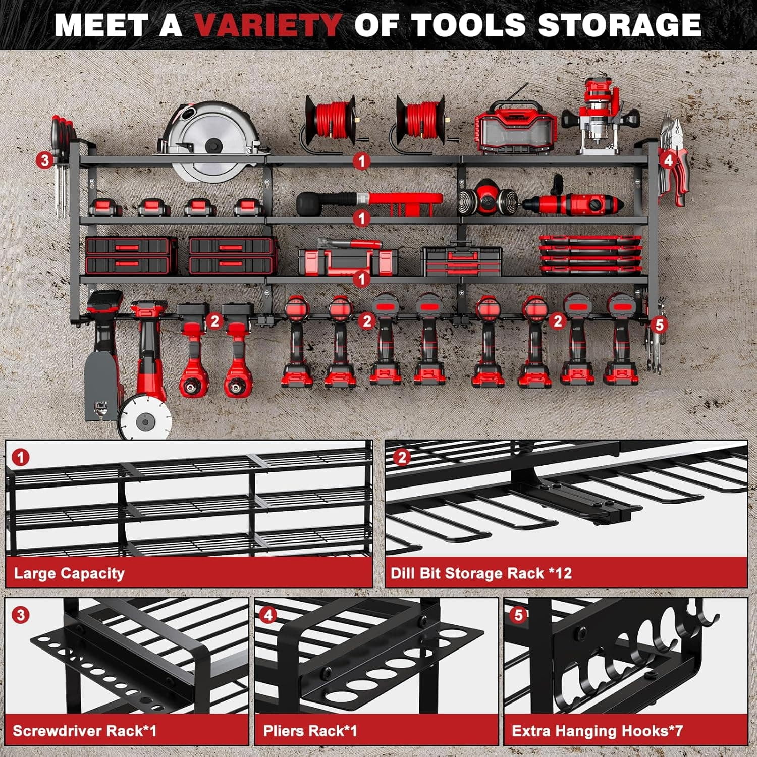 48" Large Power Tools Organizer Wall Mount,12 Drill Holder for Garage, Workshop Heavy Duty Storage Rack