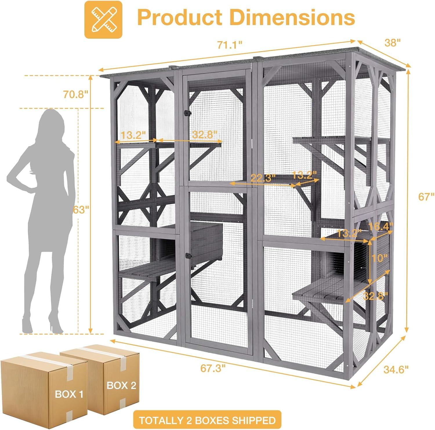 MEDEHOO Outdoor Catio Cat Enclosure, Walk-in Cat House with 7 Jumping Platforms & Weatherproof Asphalt Roof, Extra Large Cat Cage with 2 Napping Houses, Gray
