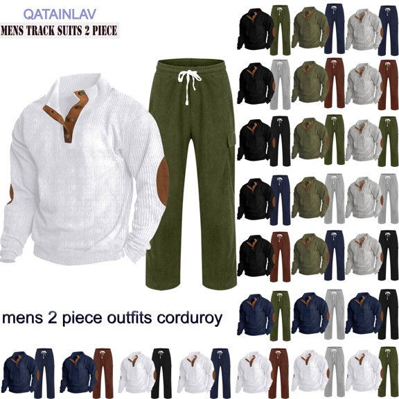 QATAINLAV Mens Big and Tall 2 Piece Outfits Corduroy Button Front Woven Sweatshirts and Waist Drawstring Straight Leg Pants Set Army Green,L
