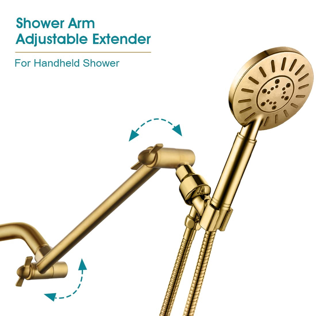 BRIGHT SHOWERS Brass Shower Head Extension Arm for Rain and Handheld Shower Head, 10 Inch Universal Shower Head Extender, Height & Angle Adjustable, Brushed Gold