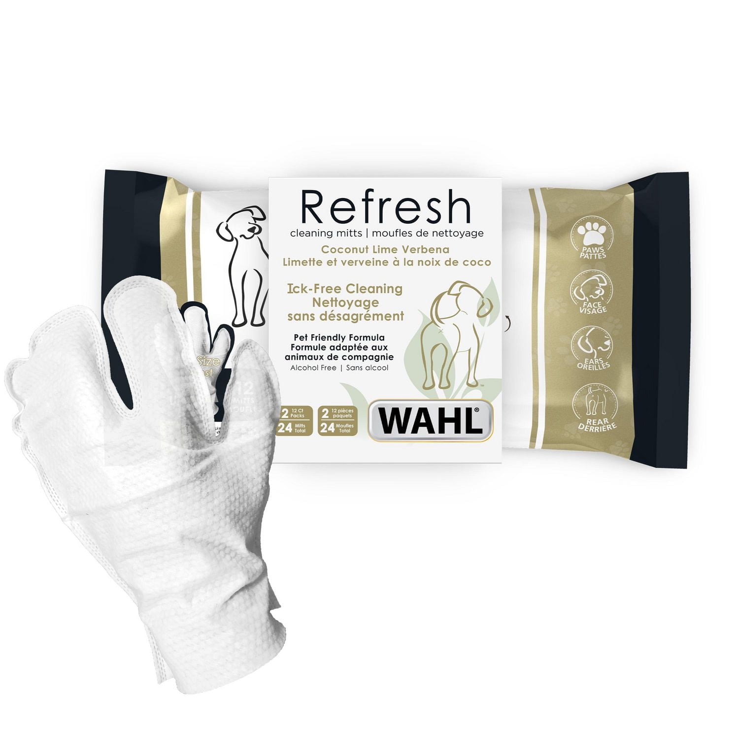 Wahl Mitt Wipes - 24 lingettes pour chiens à 3 doigts avec flocons d'avoine, aloès et karité - Parfum noix de coco et citron vert - Modèle 58553 Lingettes pour gants pour chiens