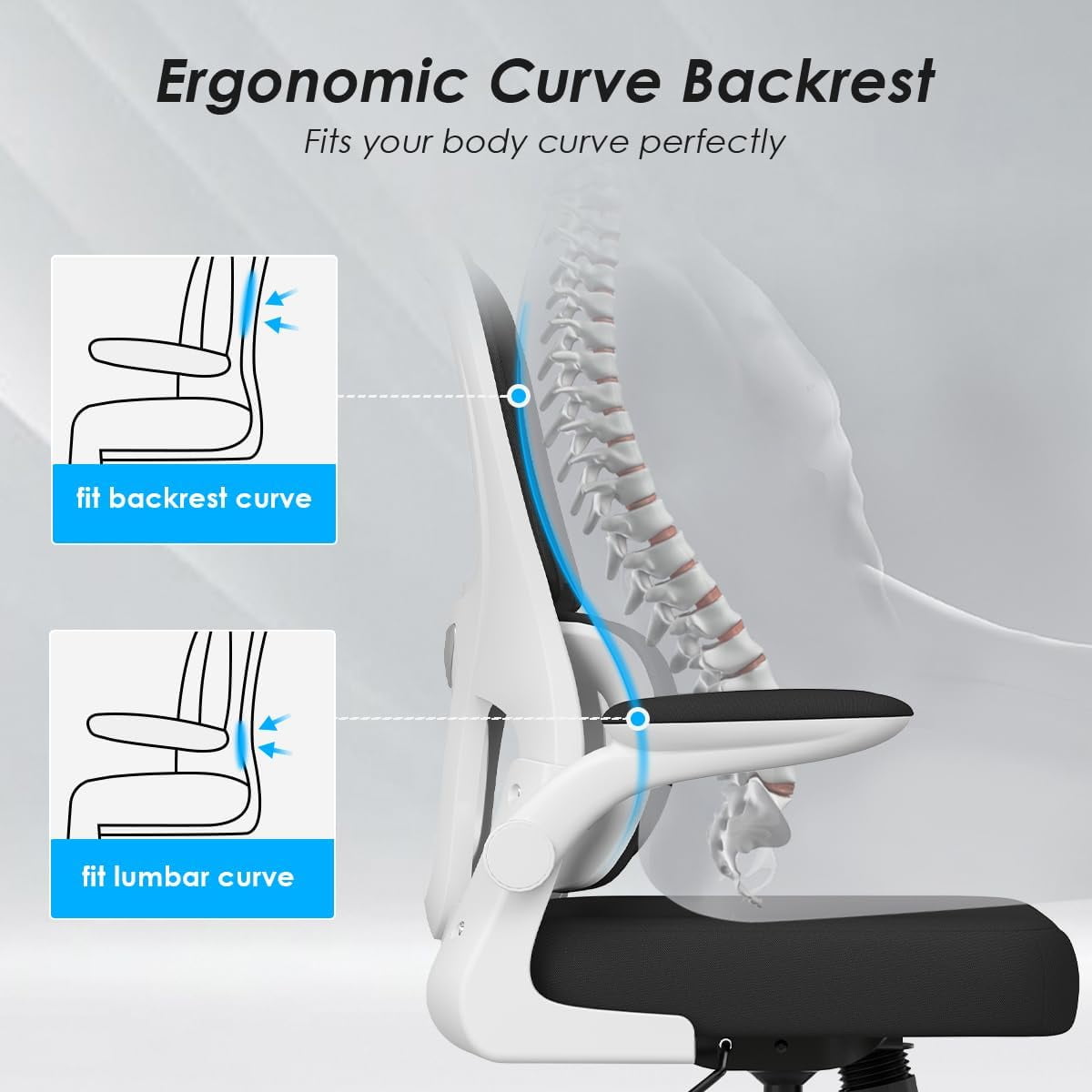 STARY Ergonomic Mesh Office Chair, Computer Chair with Lumbar Support and Flip-up Armrests, Comfy Desk Chair with PU Wheels for Home Office, White & Black