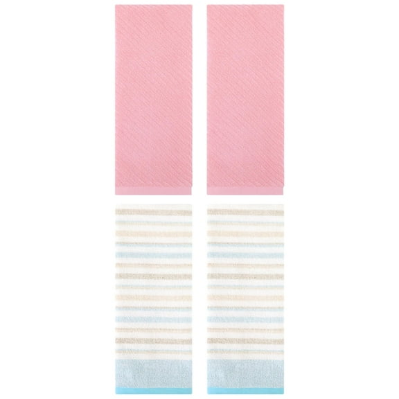 Unique Bargains Cotton Striped Hand Towel 4 Pcs Blue/Pink 13" x 27"/14" x 30"