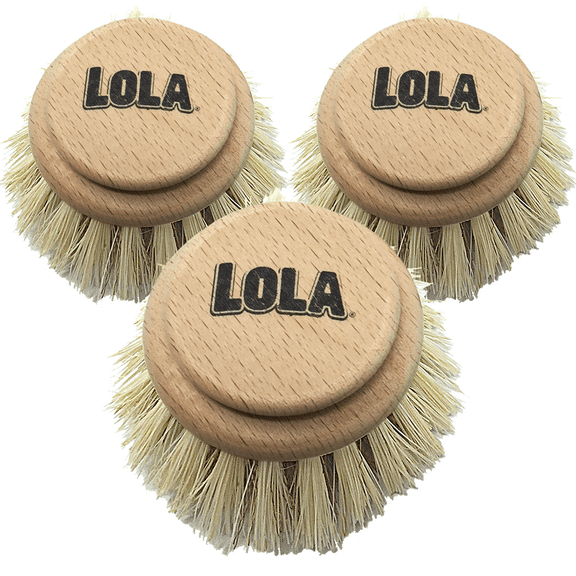 LOLA "The Original" Pot & Pan Brush Replacement Head, Tampico Bristles - 3 Pack