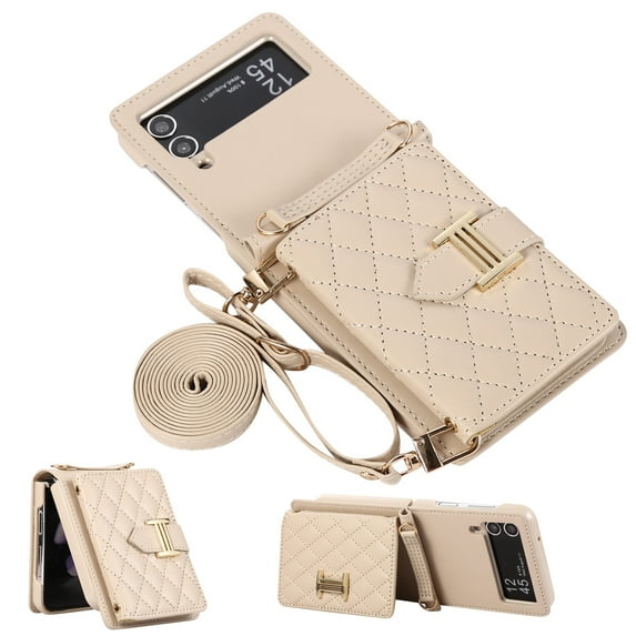 ELEHOLD Wallet Crossbody for Samsung Galaxy Z Flip 3 Case with Lanyard Wrist Strap Credit Card Holder, PU Leather Protective Phone Case with Ring Holder,Beige