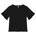 thumbnail image 5 of Faraee Cotton Linen Shirts for Girls 2026 3/4 Sleeve Ruffle Hem Oversized Blouse Kids Loose Fit Crewneck Tops for Summer Beach Vacation 5-15 Years Black, 5 of 6