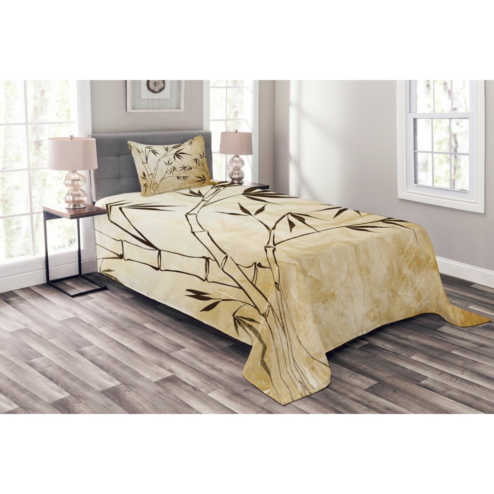 Bamboo Bedspread Set, Gradient Bamboo Leaves Flexibility Complex Root
