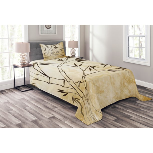 Bamboo Bedspread Set, Gradient Bamboo Leaves Flexibility Complex Root