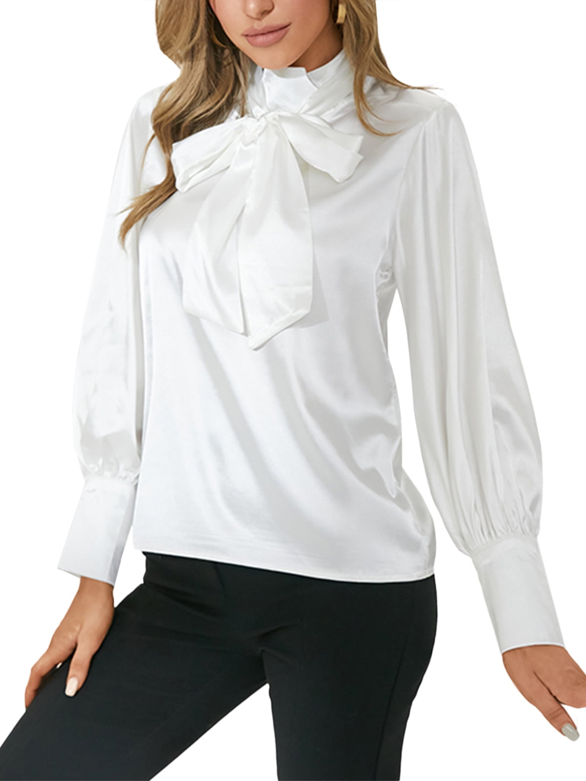 Celmia Women Office Turtleneck Puff Sleeve Bowknot Solid Color Shirts ...