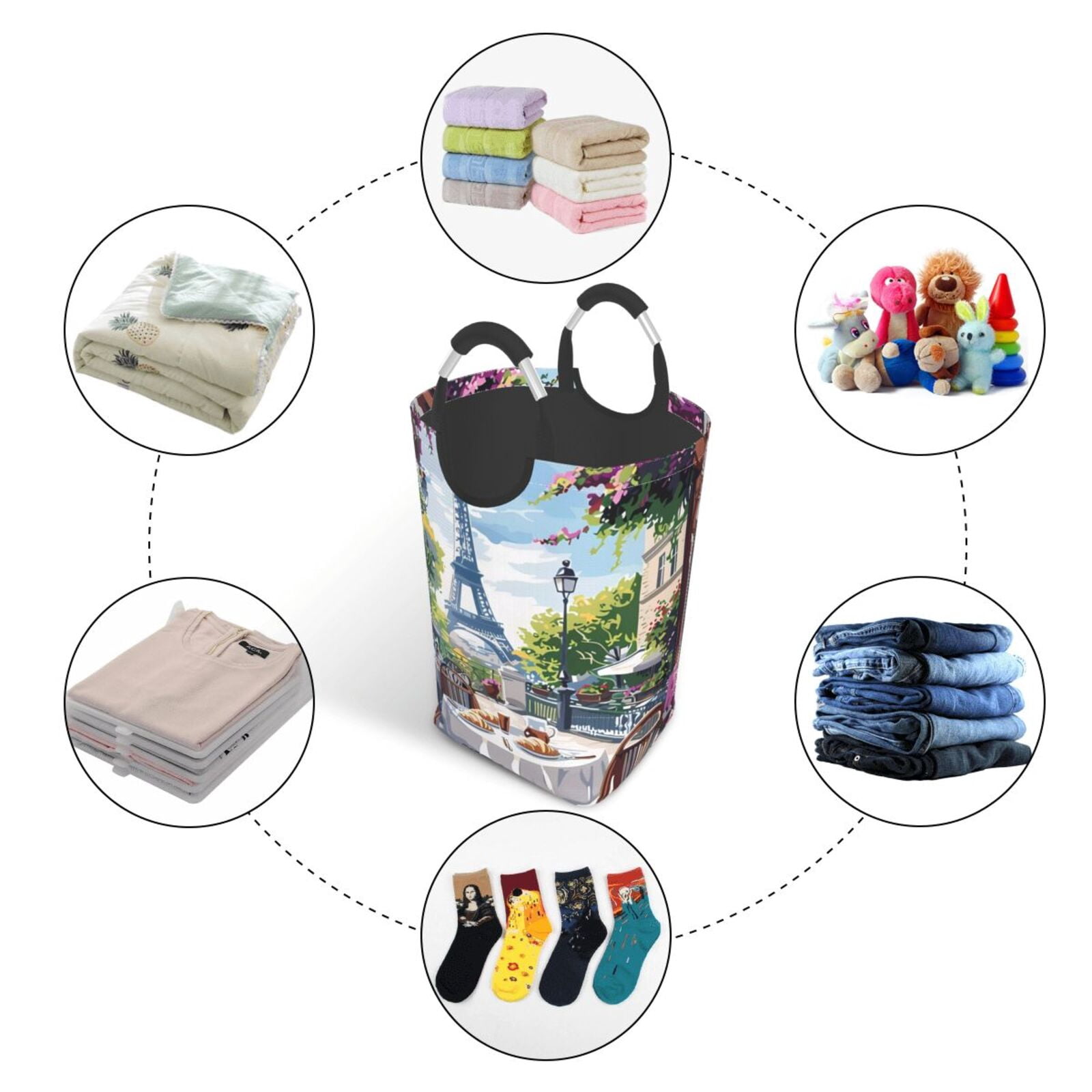 Xecao Parisian Cafe With Eiffel for Laundry Basket,Collapsible Large Laundry Hamper,Wash Bag for Laundry Room, Rolling Laundry Basket with Handles