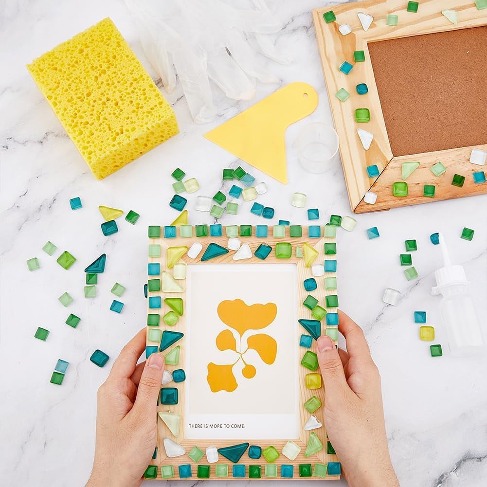DIY Mosaic Photo Frame Kit Including 2 Sizes Unfinished Wood Photo Frame 200g Glass Mosaic Tiles Cups Plastic Glue Bottles Scraper Mosaic Supplies Crafts for DIY