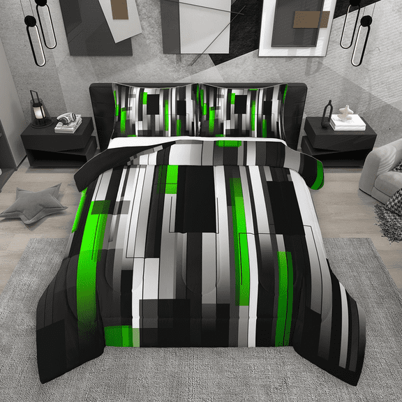 Manfei Black Green Gray Bedding Comforter Set 2pcs, Modern Gradient Stripe Twin Comforter Sets, Contemporary Geometric Bedding Set, Lightweight Room Decor