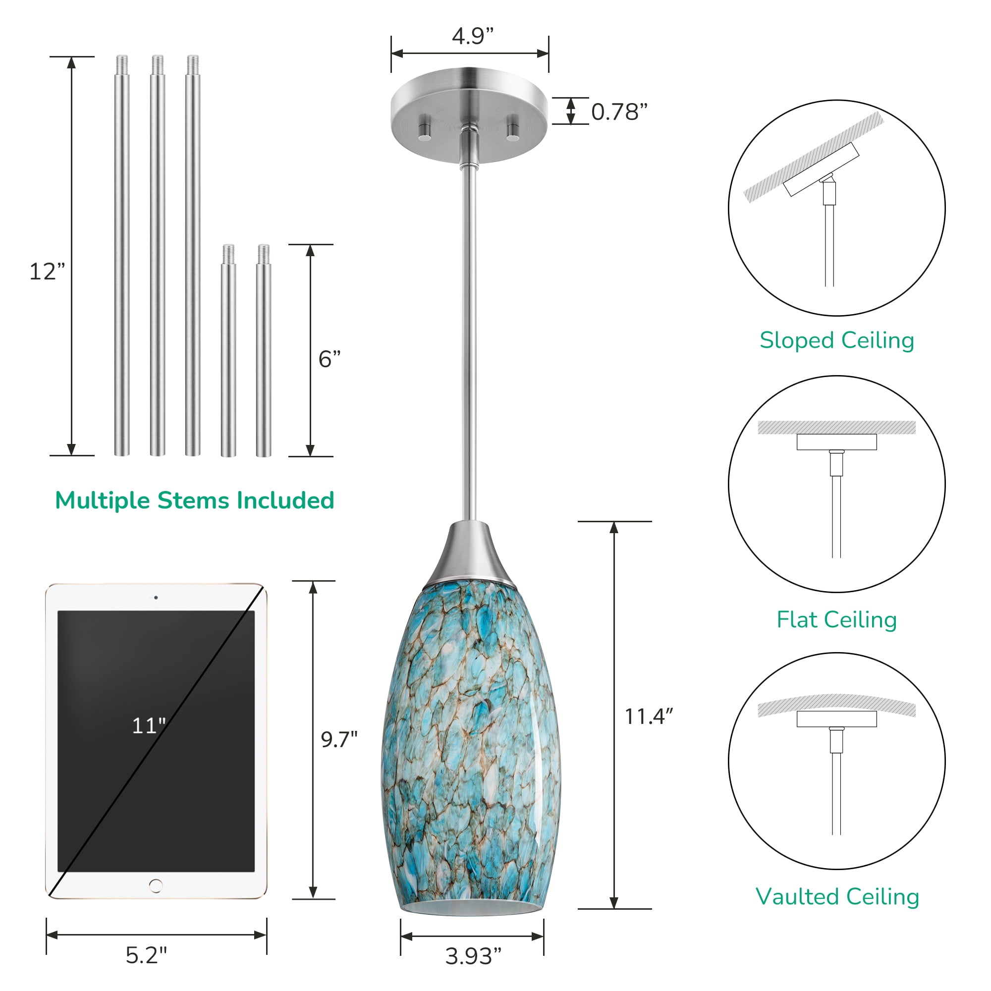 EDISHINE Pendant Lighting for Kitchen Island, Kitchen Island Lights, Hanging Light Fixture, Brushed Nickel Finished, E26 Socket, Blue