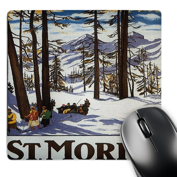 3dRose, St. Moritz Winter Scene with People Skiing and Horse Drawn Sleigh, MousePad