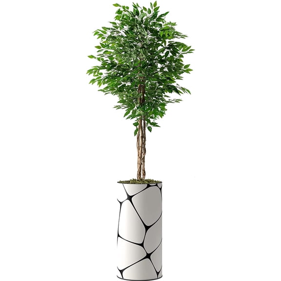 Artificial Tree in Geometric Pattern Planter, Fake Ficus Silk Tree for Indoor and Outdoor Home Decoration - 75" Overall Tall (Plant Pot Plus Tree)