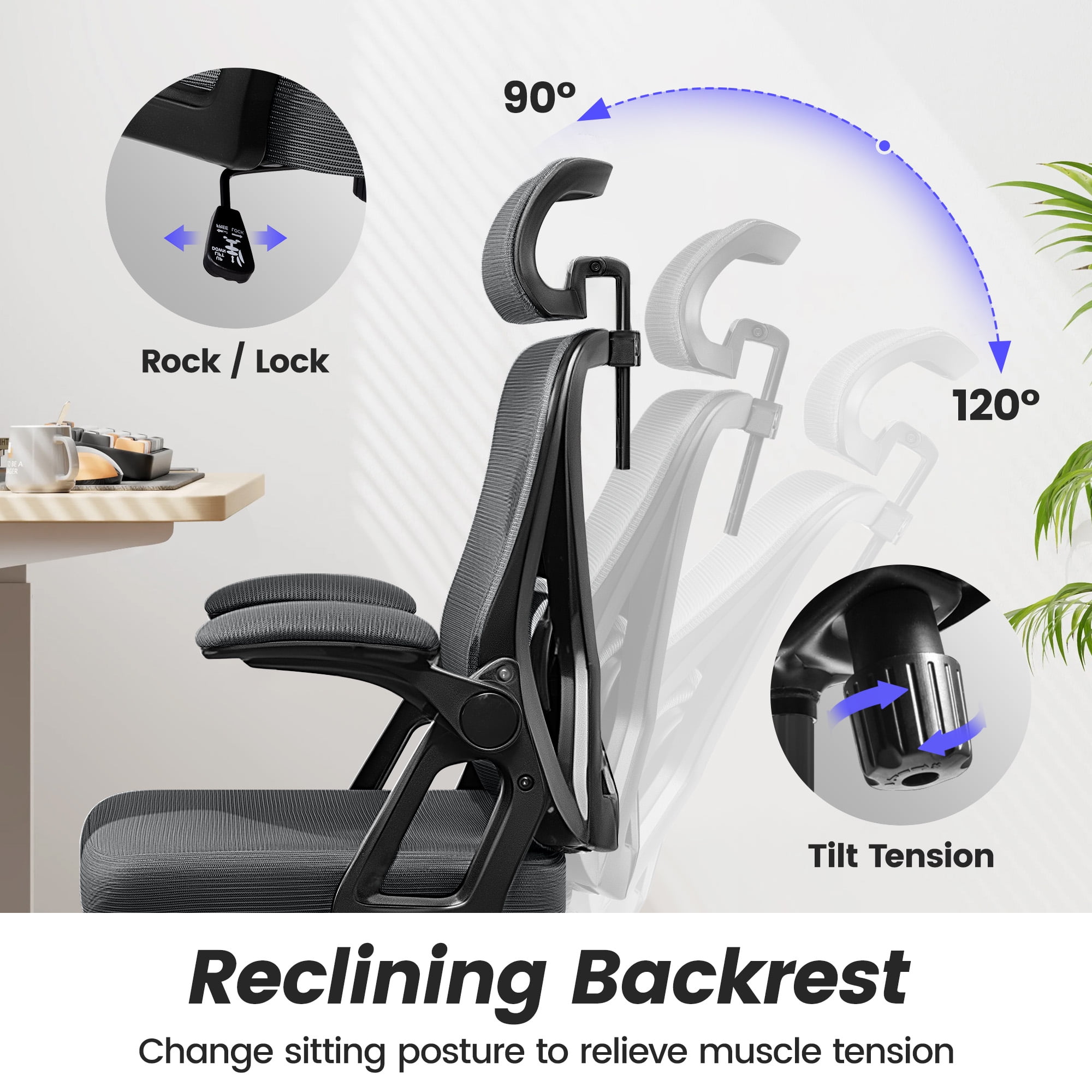 COOLHUT Ergonomic Office Chair, High Back Mesh Office Desk Chair with Headrest 500LBS, Executive Office Chair with Adjustable Aremrest, Home Office Swivel Desk Chair for Home Office, Dark Gray