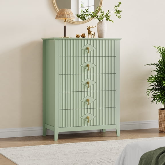 Gaderth 5 Drawer Dresser For Bedroom,42.9" Tall Modern Dressers Mid Century Chests Of Drawers With Gold Handle, Wooden Fluted Chest Of Drawers For Bedroom, Living Room, Entryway