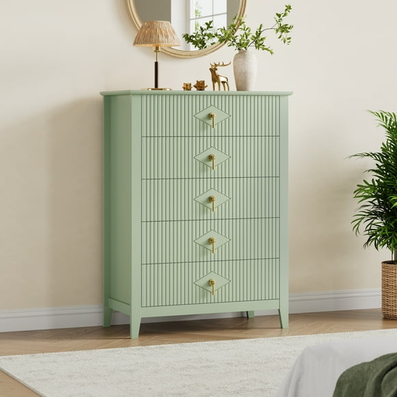 Commode en Bois – Moderne à 5 Tiroirs Cannelés – Armoire de Rangement Haute – Grand Coffre – Chambre, Garde-Robe, Salon, Couloir et Entrée